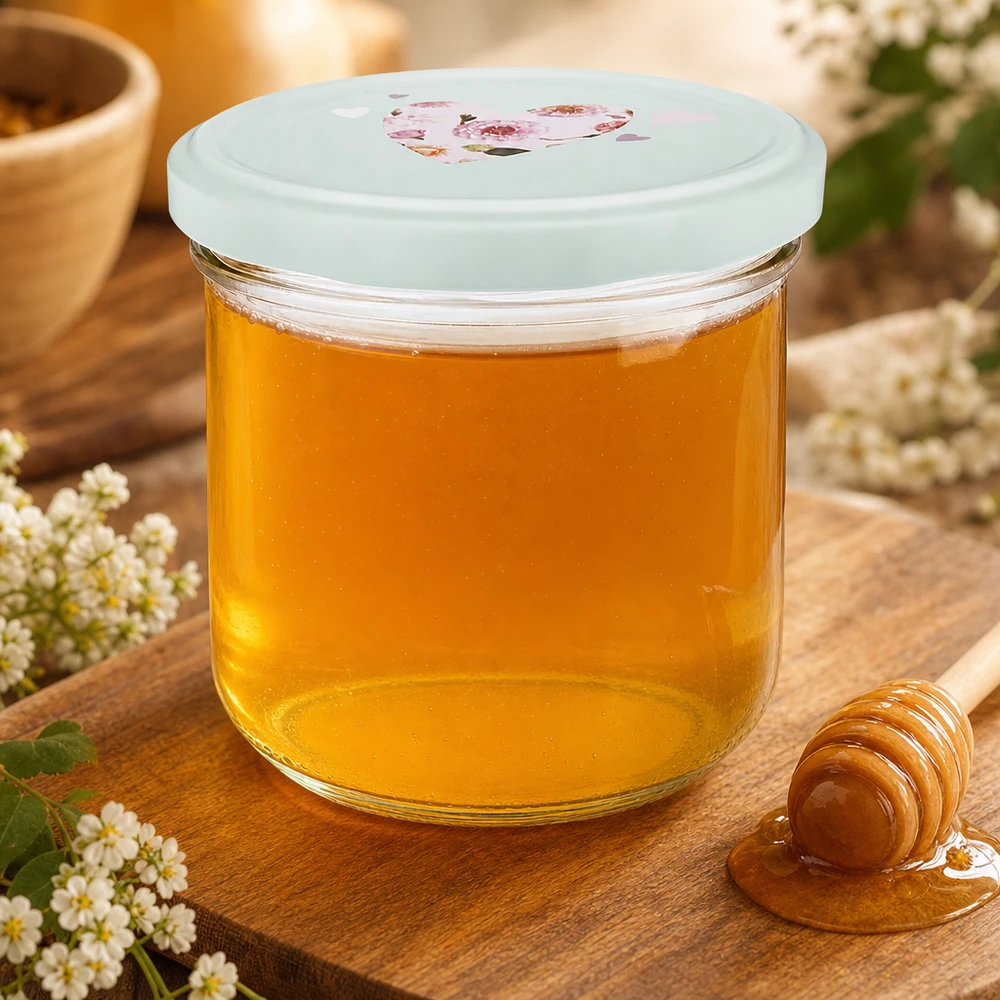 260ml kelímky + víčko BasicSeal srdíčková máta UNiTWIST 260ml Sturzglas mit Honig befüllt, mintgrüner BasicSeal Deckel mit Herzmotiv, Honiglöffel und Blüten als Dekoration