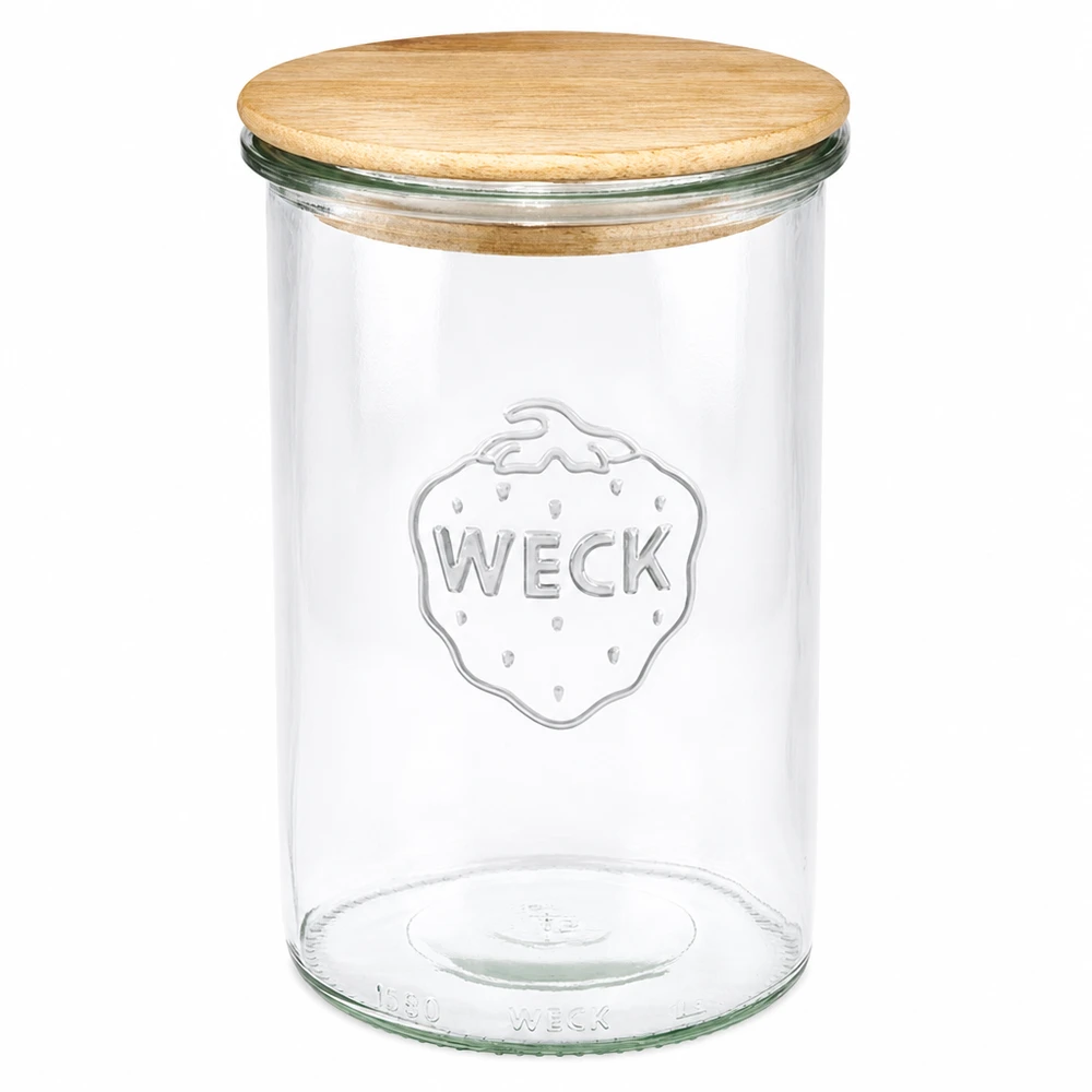 1000ml tumblery WECK RR100 s dřevěným víčkem WECK Sturzglas 1000ml RR100 mit Holzdeckel aus Eichenholz transparent leeres Einmachglas für Vorratshaltung