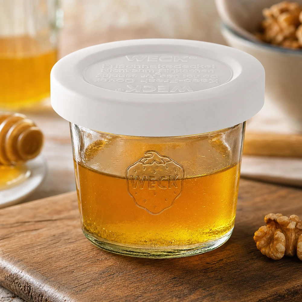 35ml skleněná dóza s víčkem WECK RR40 WECK Sturzglas 35ml RR40 mit Honig gefüllt und weißem Deckel, dekoriert mit Walnüssen auf Holzuntergrund