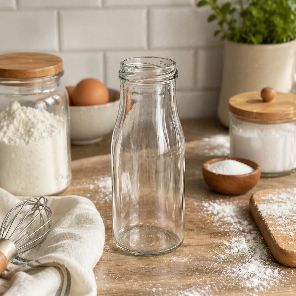 UNiTWIST Bottle150 Glasflasche 150ml TO43 in moderner Küche mit Backutensilien und Vorratsgläsern