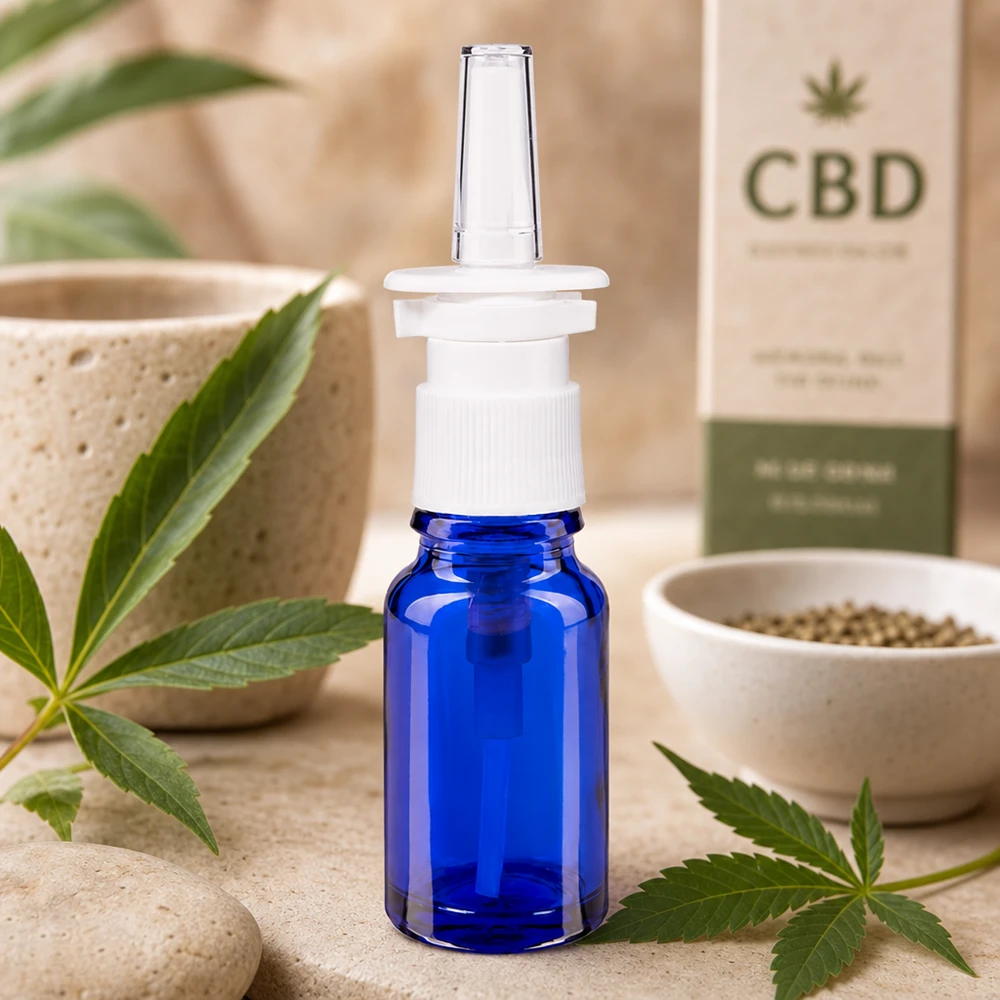 10ml Nasensprayflasche aus blauem Schutzglas neben Hanfsamen und Natursteinen