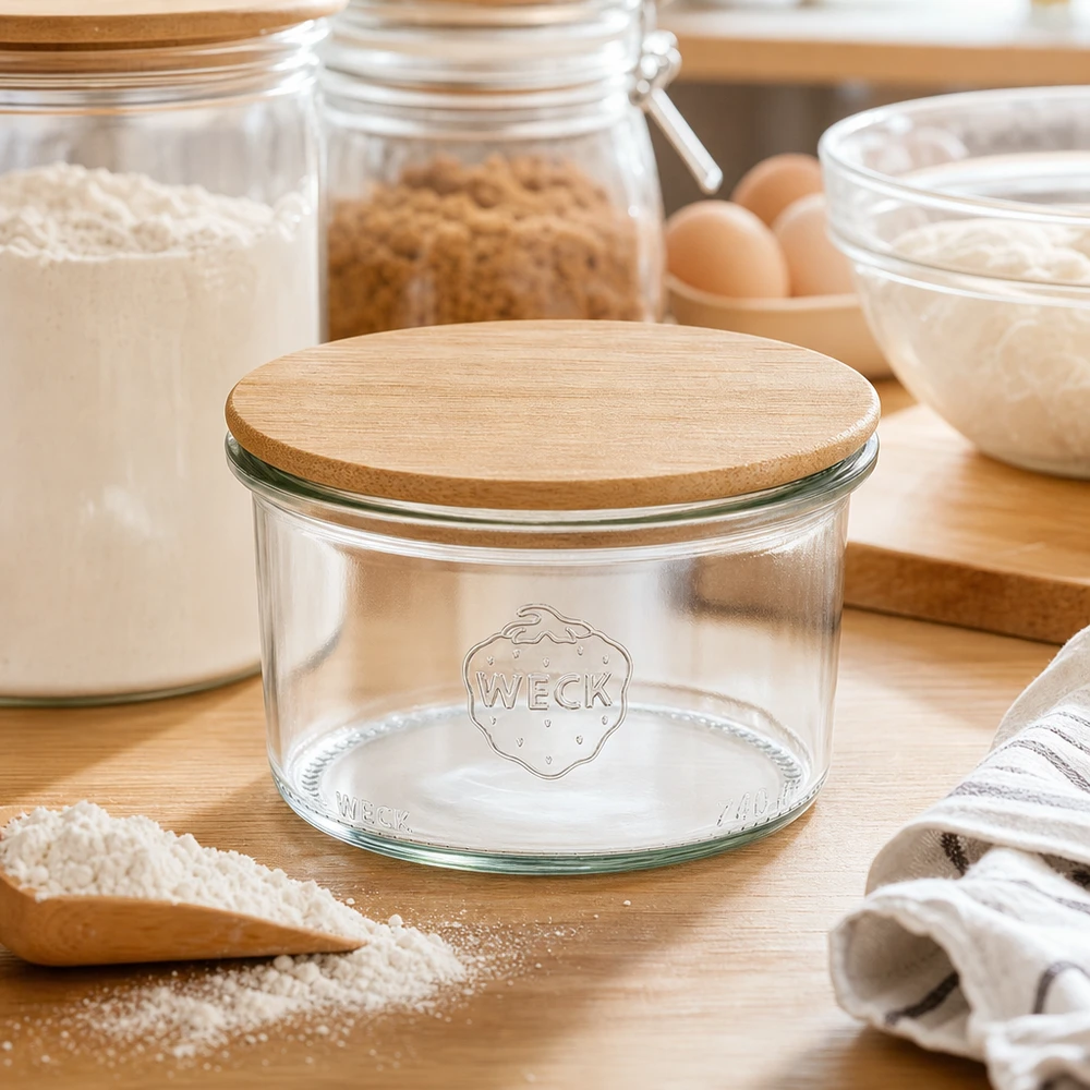 200ml tumblery WECK RR80 s dřevěným víčkem buk. WECK Sturzglas 200ml RR80 mit Holzdeckel in natürlicher Küchenumgebung zwischen Backzutaten und Vorratsgläsern