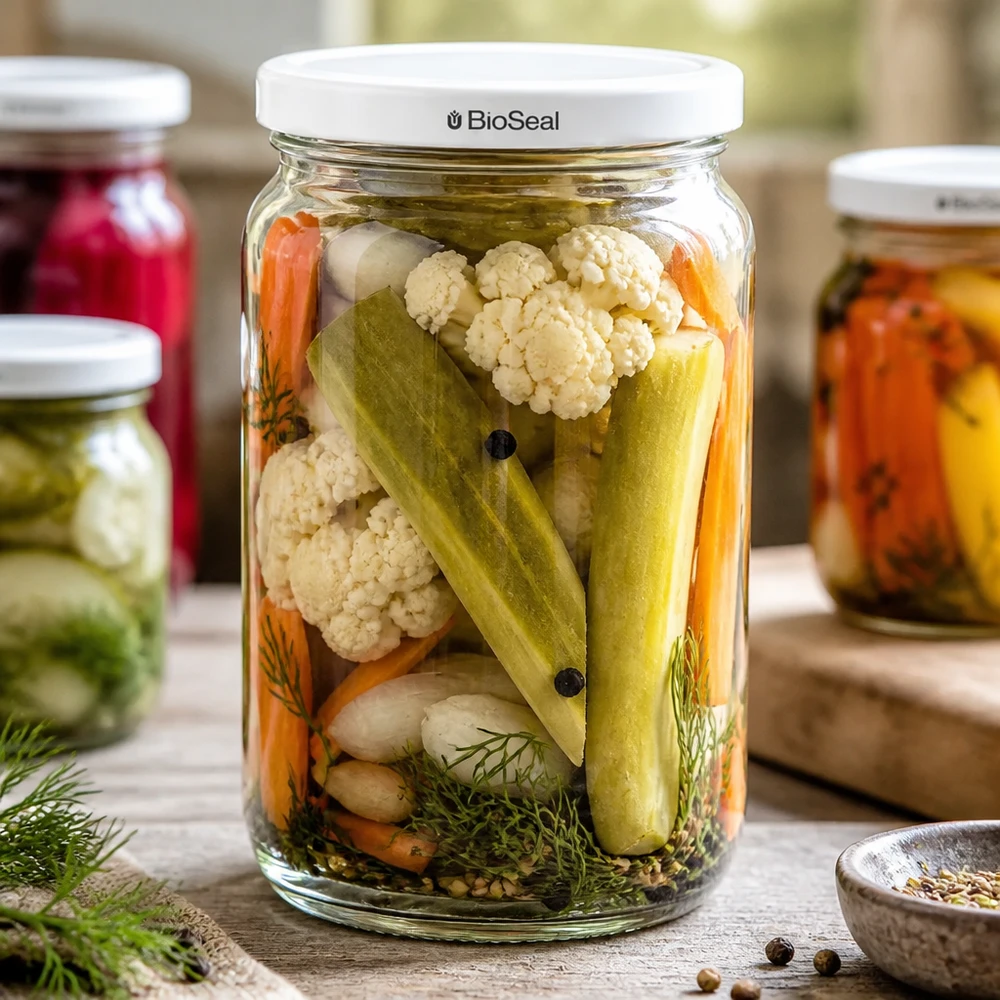 Kulatá sklenice o objemu 795 ml s bílým víčkem BioSeal UNiTWIST. UNiTWIST Runda795 Glas mit eingelegtem Mischgemüse - ideal für Pickles und fermentierte Lebensmittel