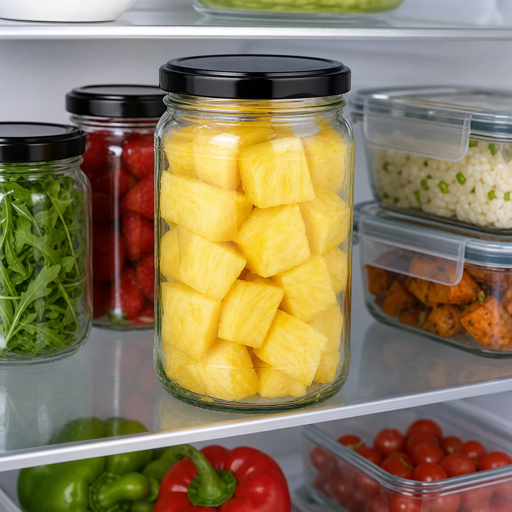 305ml Rundglas UNiTWIST mit schwarzem Deckel voller Ananas im Kühlschrank zur Lebensmittel-Aufbewahrung