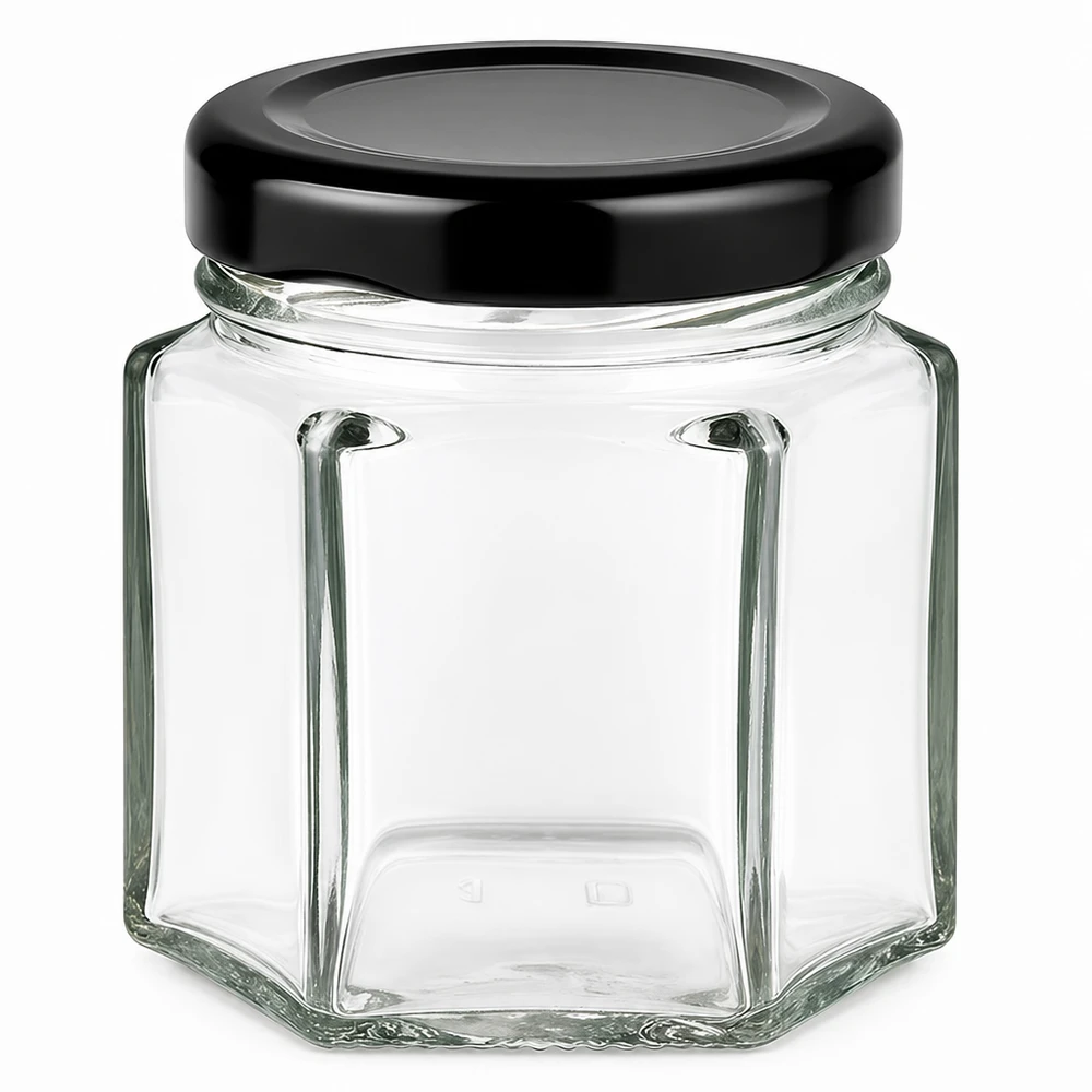 47ml šestihranná sklenice s víčkem BasicSeal černá UNiTWIST. 47ml Hexaglas mit schwarzem BasicSeal Deckel - sechseckiges Glasgefäß für Lebensmittel und Aufbewahrung