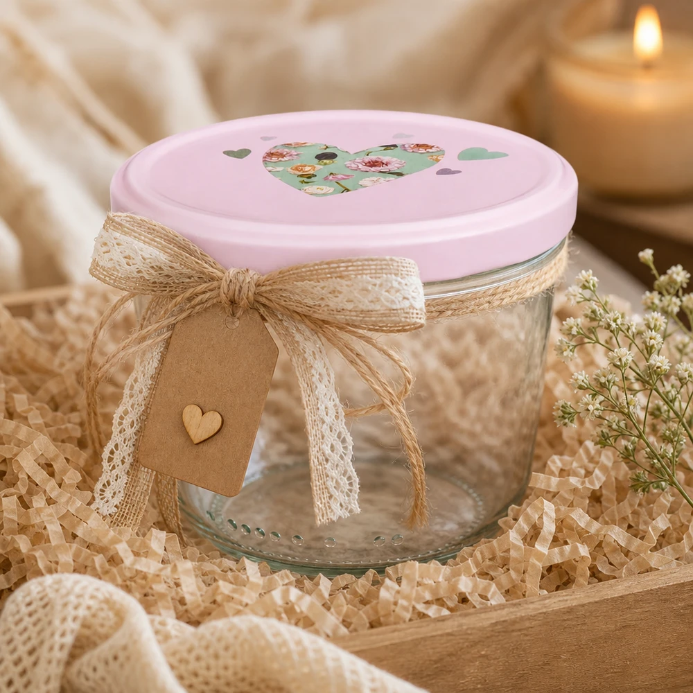 Sturzglas 230ml mit rosa Herz-Deckel dekorativ mit Juteschleife und Geschenkanhänger als Geschenkverpackung arrangiert