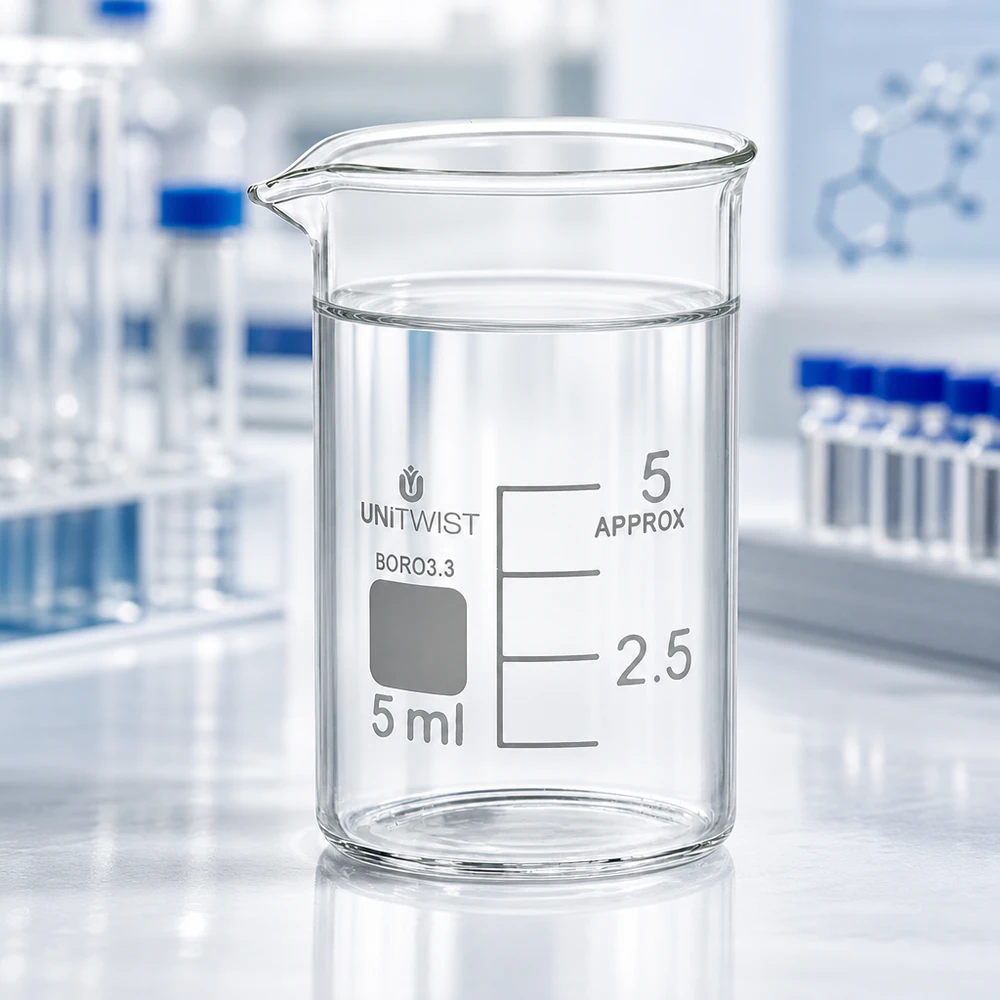 Kádinka 5ml borosilikátová, nízký tvar UNiTWIST Laborbecher aus klarem Borosilikat 3.3 von UNiTWIST 5ml niedrige Form vor Reagenzgläsern