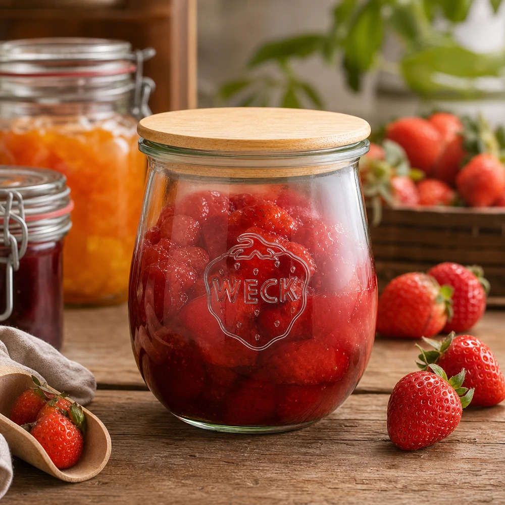 220ml tulipánová sklenice WECK RR60 s dřevěným víčkem WECK Tulpenglas 220ml mit Holzdeckel gefüllt mit Erdbeermarmelade - Einmachglas für Konfitüre und Aufstriche