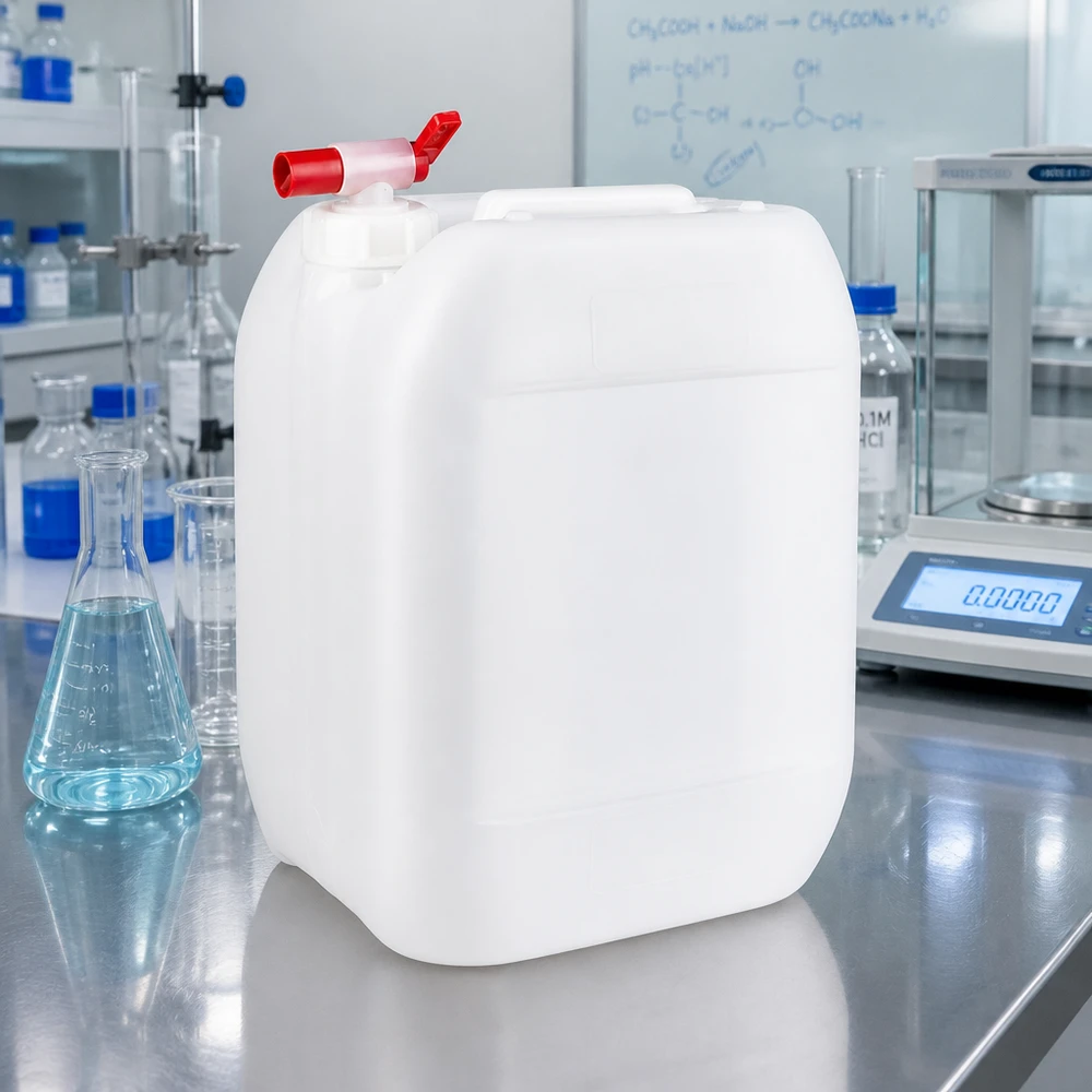Kanystr 10 litrů s vypouštěcím kohoutkem Stapelbarer HDPE Kanister 10 Liter mit rotem Absperrhahn für chemische Flüssigkeiten