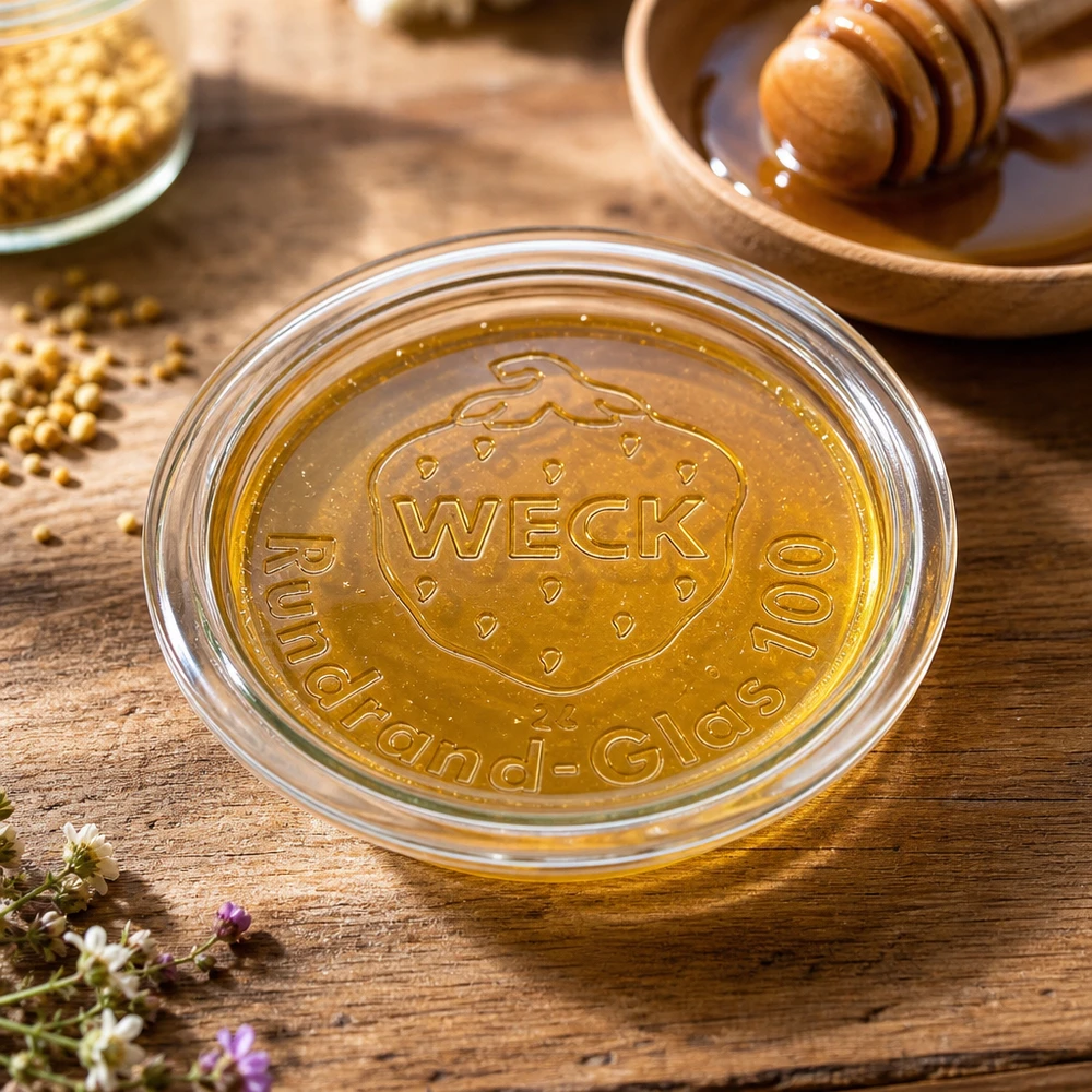 Skleněné víčko WECK RR100 WECK Glasdeckel RR100 mit Honig befüllt auf rustikalem Holztisch neben Bienenwaben und Honiglöffel