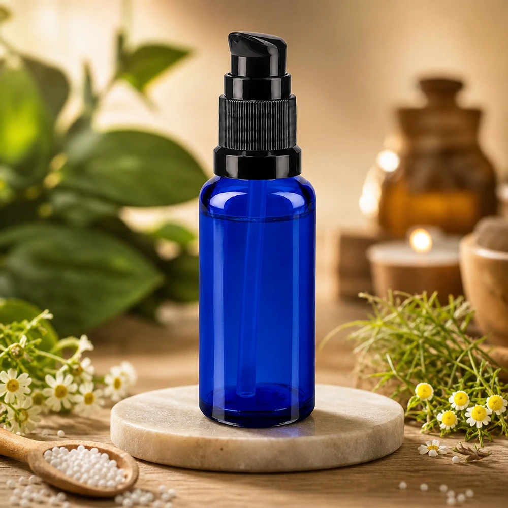 Lékárenská láhev modrá 30ml pumpovací uzávěr černý standardní Blaue 30ml Tropfflasche mit schwarzer Dosierpumpe neben Holzlöffel und Wildblumen