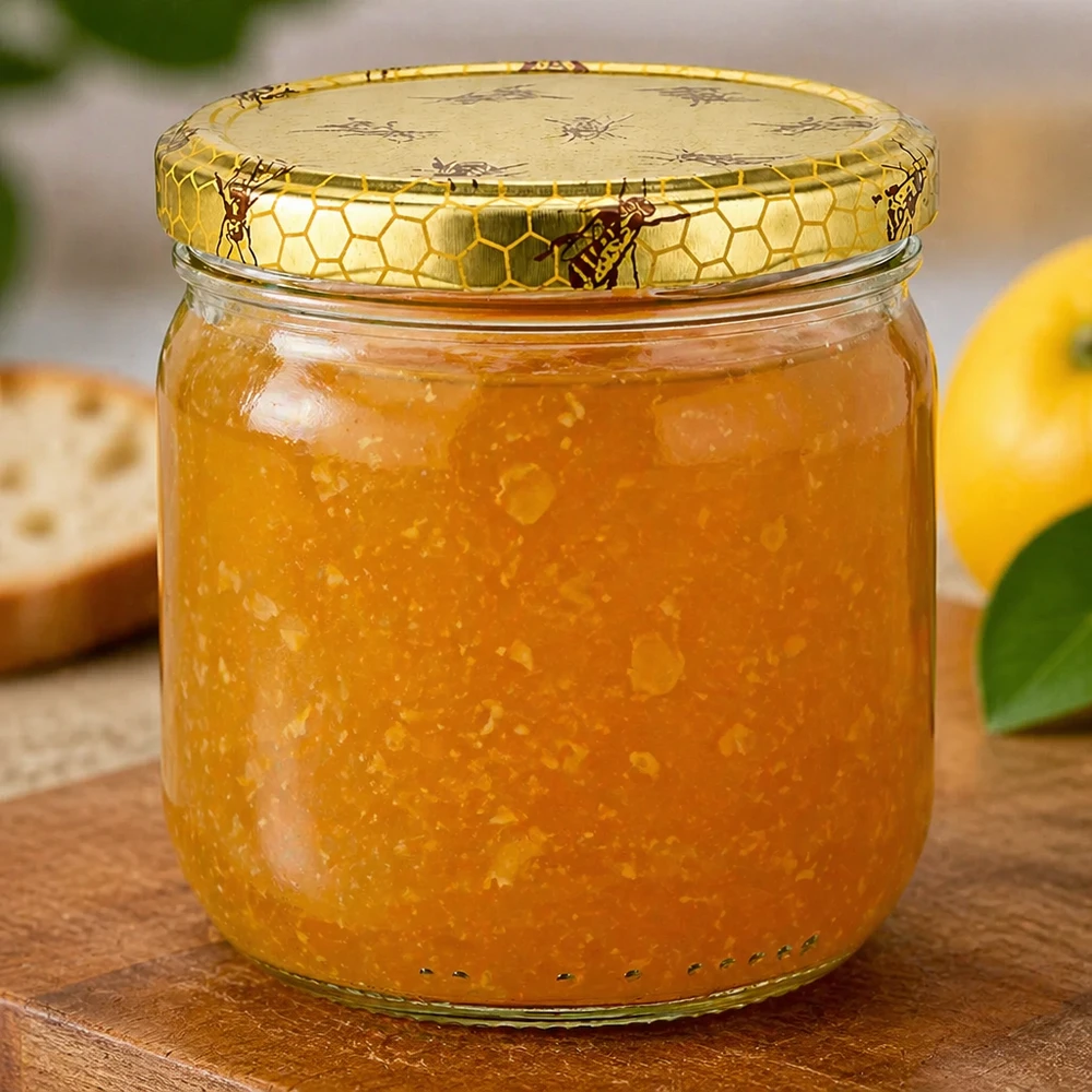 500g Honigglas mit Bienenwabe Deckel BasicSeal UNiTWIST 500g Honigglas mit cremigem Honig und Bienenwaben-Deckel neben Orange auf Holzuntergrund