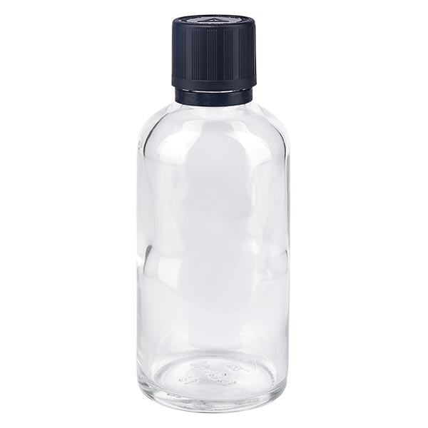 Lékárenská láhev čirá 50ml kapátko víčko nalévací kroužek 1mm černá dětská pojistka atrapa výstražný symbol tamper evident uzávěr Lékárenská láhev čirá 50ml kapátko víčko nalévací kroužek 1mm černá dětská pojistka atrapa výstražný symbol tamper evident uzávěr