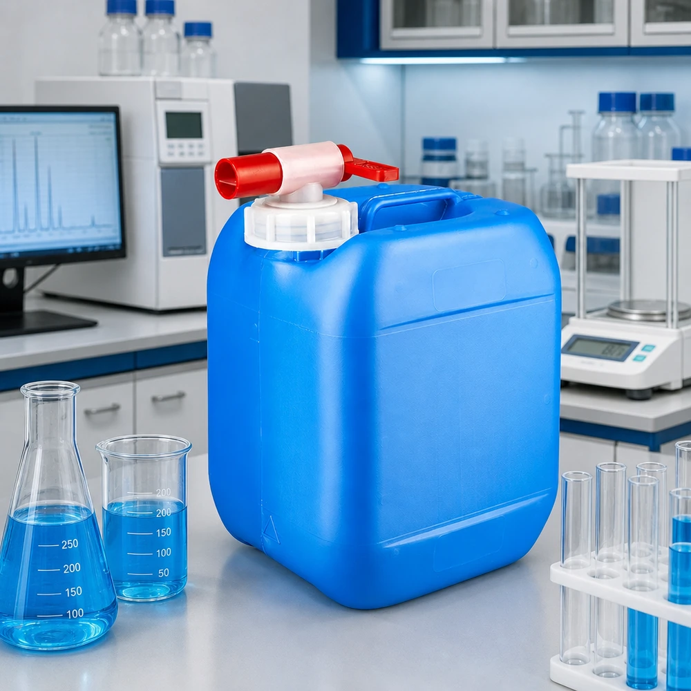Tragbarer 5 Liter Kanister mit Griffmulde und Auslaufhahn für präzise Flüssigkeitsdosierung