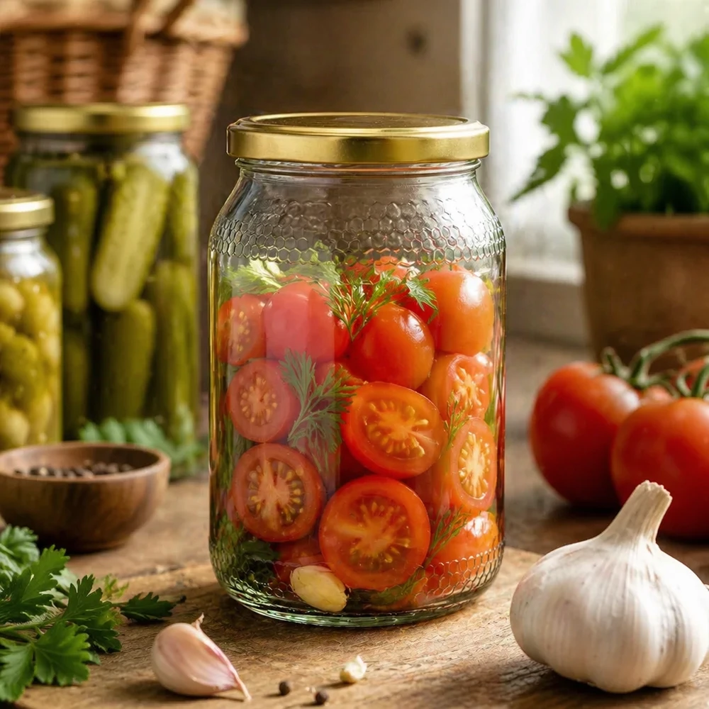 900ml Honigglas als Einmachglas für eingelegte Tomaten - goldener UNiTWIST Deckel vielseitig verwendbar