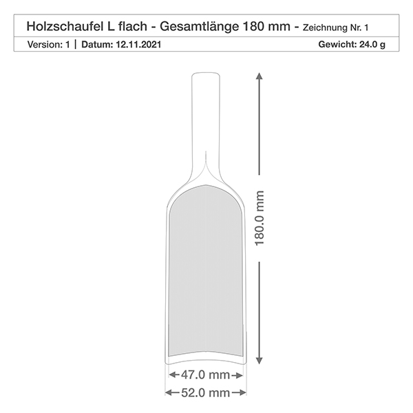 Dřevěná lopatka velikost L plochý tvar - délka 180 mm. Technische Zeichnung Holzschaufel L flach 180mm Gesamtlänge mit Maßangaben 47mm und 52mm Breite Gewicht 24g