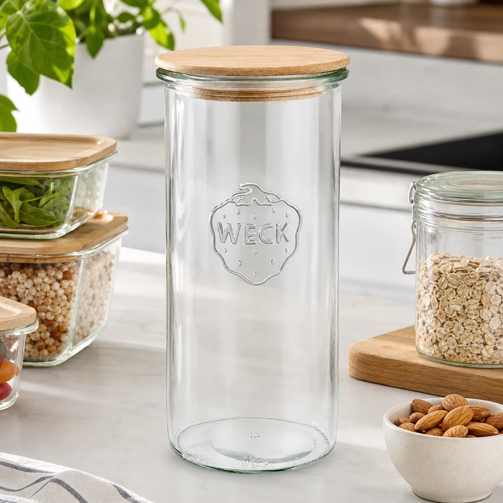 WECK Sturzglas 1500ml RR100 leer mit Holzdeckel in moderner Küche umgeben von gefüllten Vorratsgläsern mit Nüssen
