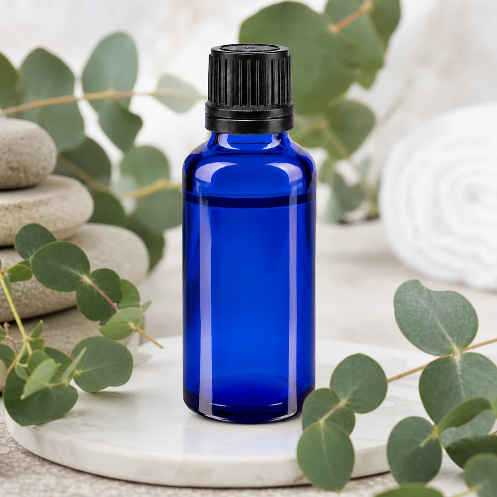 Hochwertige blaue 30ml Flasche aus Apothekenglas mit schwarzem Sicherheitsverschluss OV