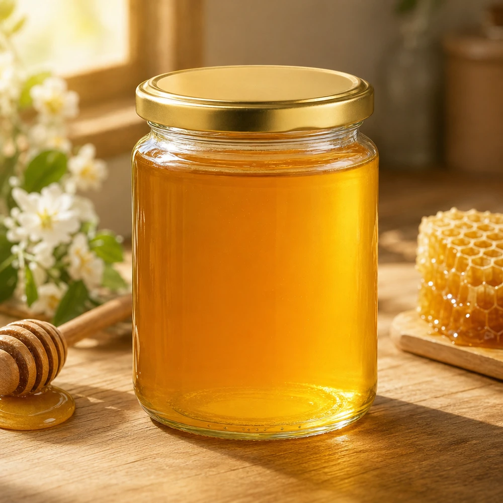 450g Honigglas mit goldenem Deckel BasicSeal UNiTWIST 450g Honigglas mit goldenem Deckel gefüllt mit Honig neben Wabe und Honiglöffel natürliche Küchendekoration
