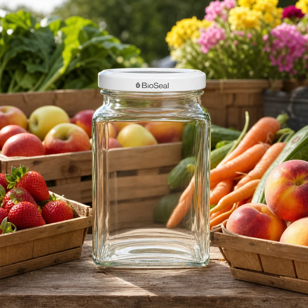 260ml tetra sklenice + víčko BioSeal bílé UNiTWIST UNiTWIST Tetra260 Einmachglas leer auf Holztisch mit frischem Obst Gemüse weißer TO58 BioSeal Deckel Outdoor Garten