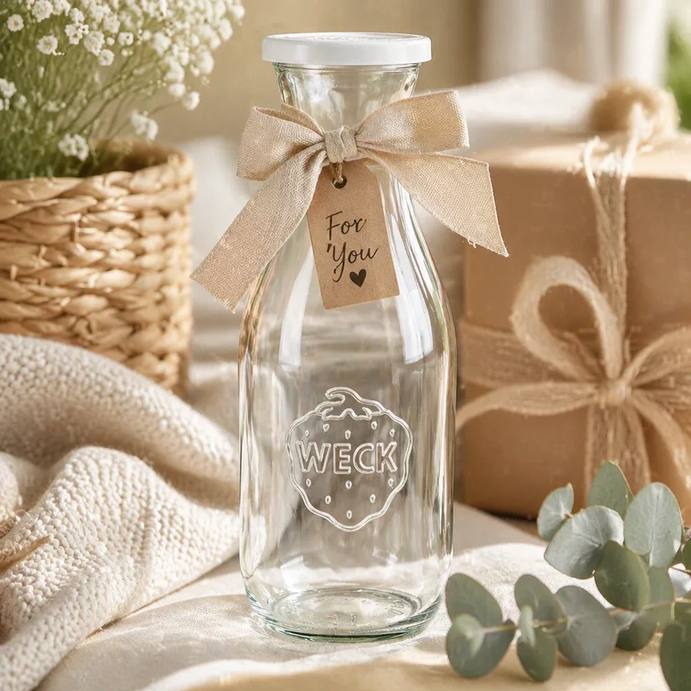WECK Saftflasche 1062ml als Geschenk mit Schleife und For You Anhänger in rustikaler Deko-Szene