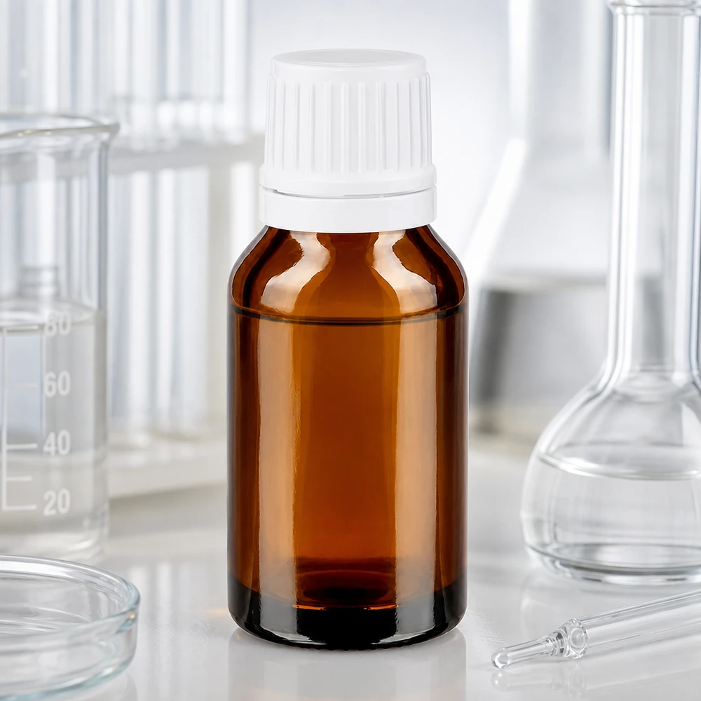 Lékárenská lahvička hnědá 15ml uzávěr kapátka 1,2mm bílý uzávěr proti neoprávněné manipulaci Lichtschutzflasche Braunglas 15ml weißer Tropfverschluss umgeben von Laborglasgeräten