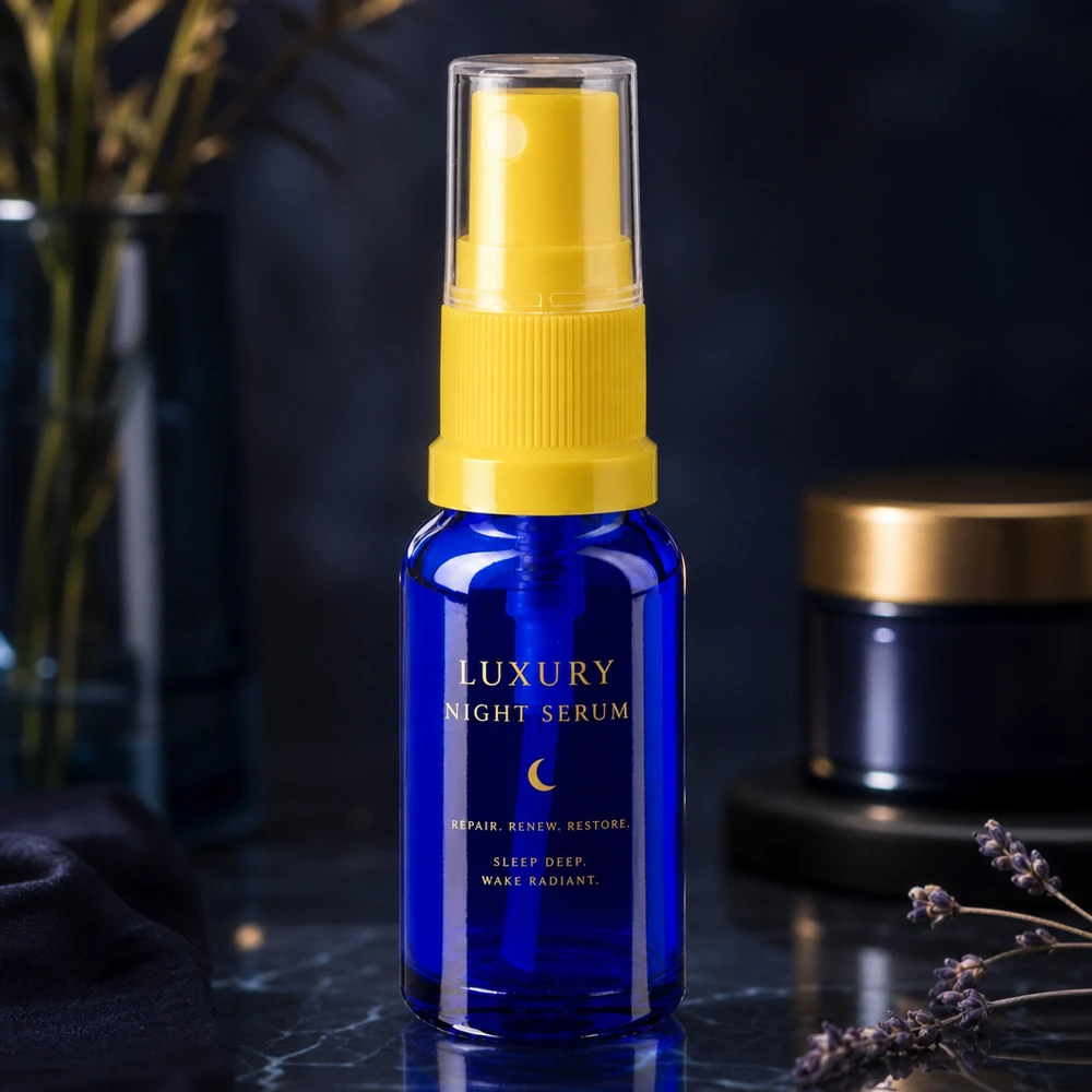 Dunkelblaue 30ml Glasflasche mit gelbem Feindosierer transparenter Kappe für Kosmetikserum