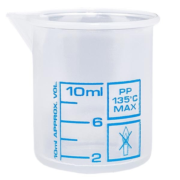 Odm&#283;rka 10ml (Griffinova k&#225;dinka) PP, antistatick&#225;, s vysokou pr&#367;hlednost&#237; podle DIN 12.311, s odm&#283;&#345;en&#253;m okrajem, s modrou poti&#353;t&#283;nou stupnic&#237;.