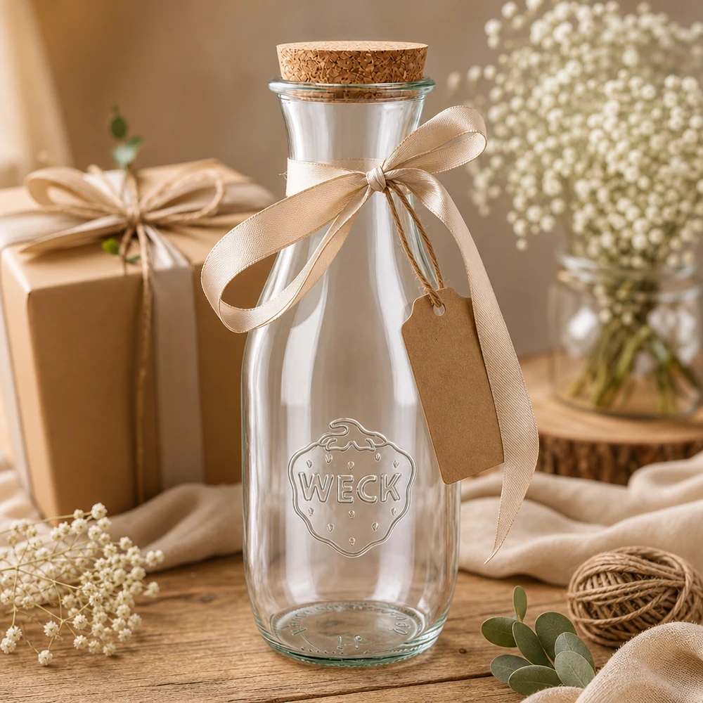 1062ml láhev na džus WECK RR60 s korkem přírodní WECK Glasflasche 1062ml als Geschenk dekoriert mit beiger Schleife und Anhänger neben Schleierkraut und Geschenkbox