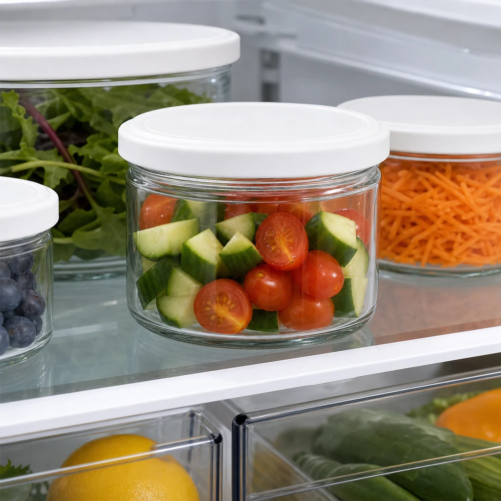 540ml kulatá sklenice s víčkem BasicSeal bílá UNiTWIST 540ml Rundglas BasicSeal weiß im Kühlschrank mit Tomaten und Gurken - optimale Frischhaltung für geschnittenes Gemüse