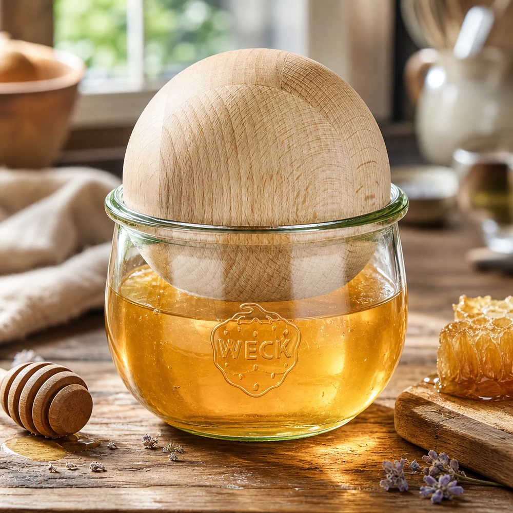 Tulipánová sklenice WECK RR100 o objemu 580 ml s kuličkou z bukového dřeva WECK Tulpenglas 580ml mit Buchenholzkugel gefüllt mit Honig, dekorative Aufbewahrung für Naturprodukte und Küchenzubehör