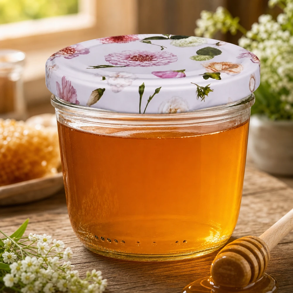 Honig im 230ml Sturzglas mit BasicSeal Deckel rosa Blumen Honigglas Imkerei Naturdeko Holzlöffel