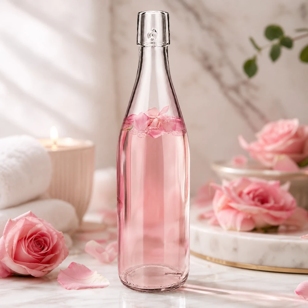 Skleněná láhev o objemu 500 ml bez otočného víčka UNiTWIST 500ml UNiTWIST Glasflasche mit Rosenwasser in romantischer Dekoration mit rosa Rosen und elegantem Ambiente