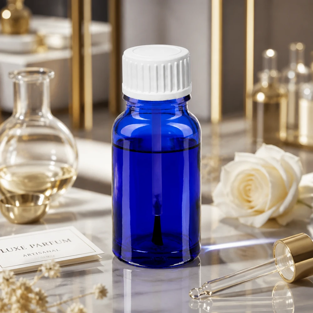 10ml štětečková láhev bílá standardní uzávěr BlueLine UT18/10 Blaue 10ml Pinselflasche STD BlueLine UT18/10 mit weißem Schraubverschluss für Fachbereiche