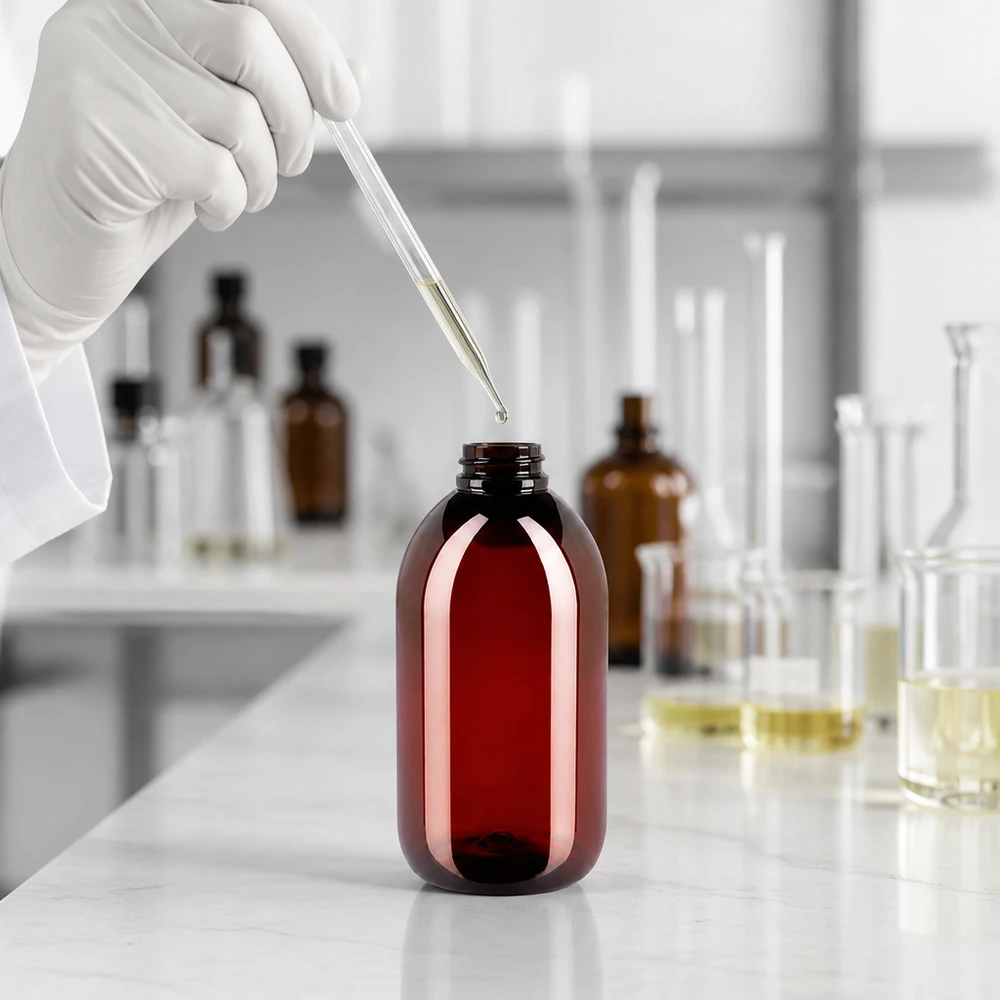 Oválná PET láhev o objemu 250 ml v jantarové barvě s bezpečnostním uzávěrem v profesionálním laboratorním prostředí
