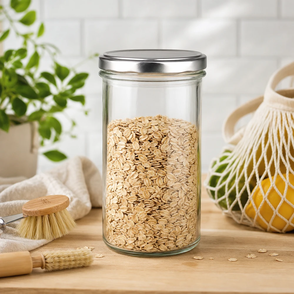 350ml Sturzglas mit BasicSeal Deckel silber gefüllt mit Haferflocken auf Holzbrett mit Küchenzubehör Müsliglas