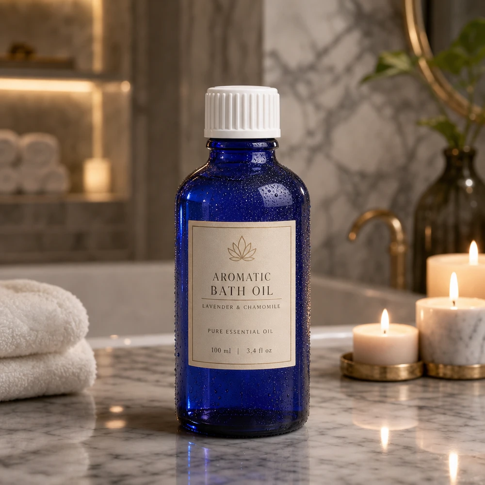 Lékárenská láhev modrá 50ml šroubovací uzávěr bílý Globuli Standard Kompakte 50ml Aromaöl-Flasche aus blauem Schutzglas mit weißem Standardverschluss im Spa-Bereich