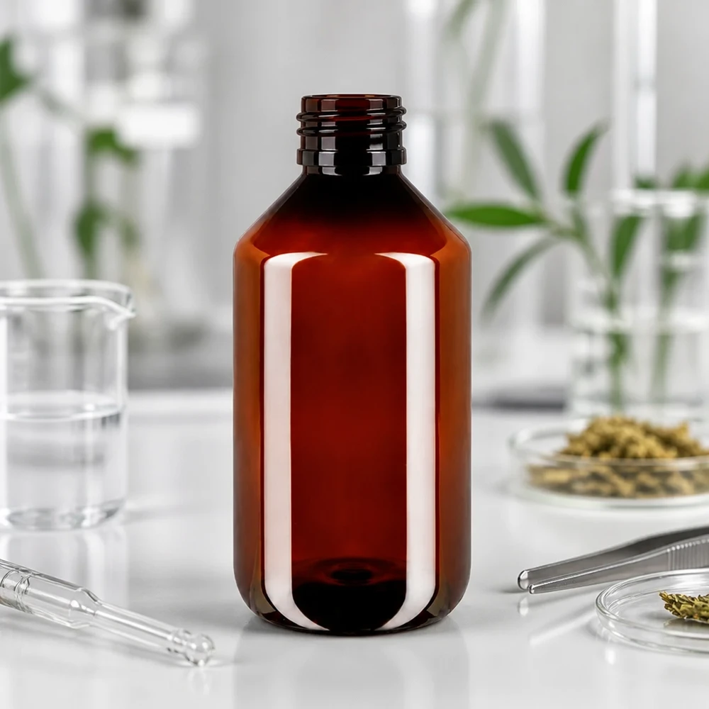 PET láhev 500ml se zeleným uzávěrem, který je zřetelný při manipulaci s lahví. Hnědá PET láhev o objemu 500 ml se šroubovacím uzávěrem vedle laboratorního skla a rostlinných extraktů
