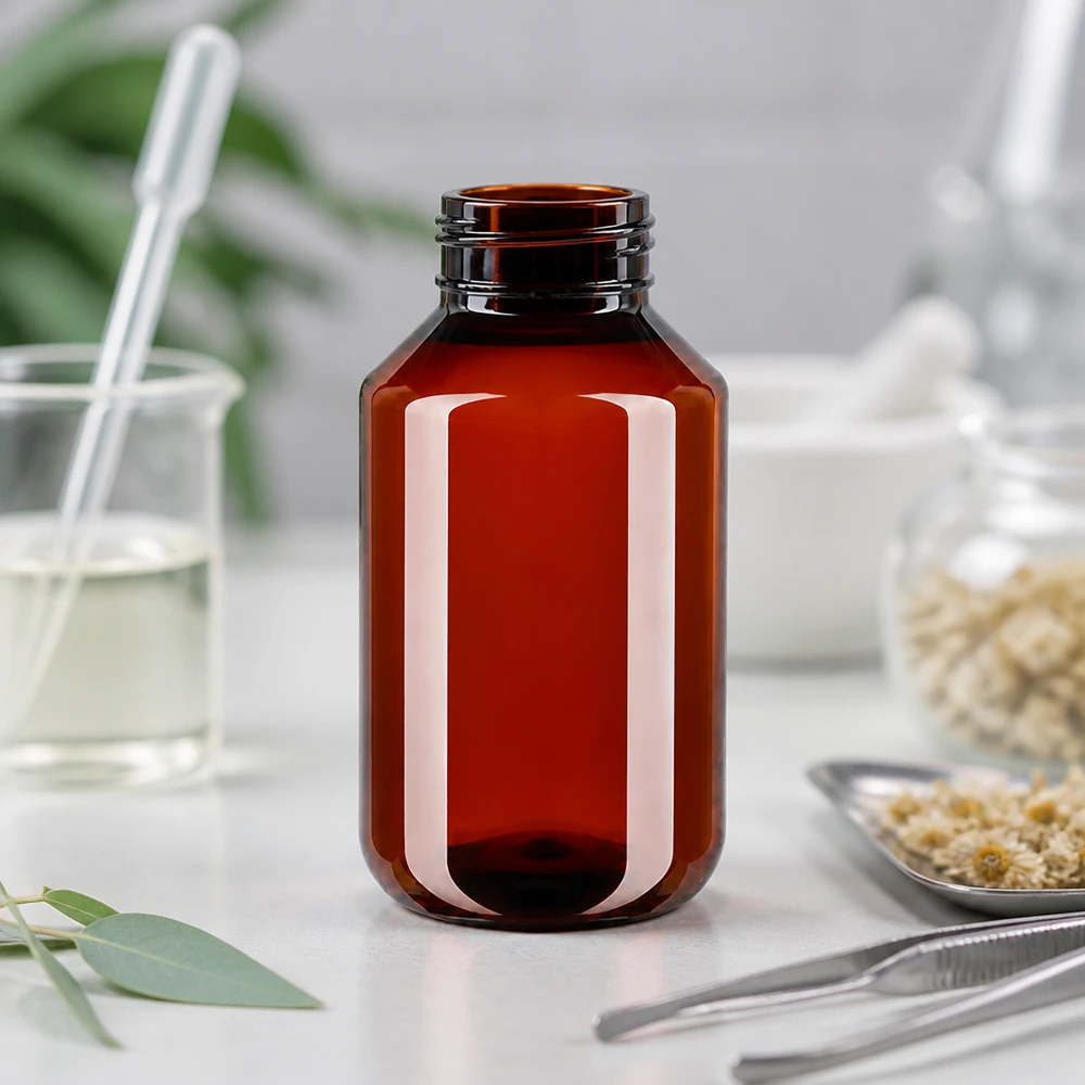 PET láhev 100ml s bílým standardním uzávěrem s pojistkou proti manipulaci Prázdná hnědá PET láhev o objemu 100 ml s bílým bezpečnostním uzávěrem na bílém mramorovém povrchu
