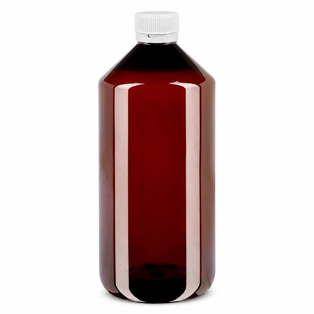 PET láhev 1000ml s bílým rýhovaným uzávěrem s ochranou proti manipulaci. PET láhev o objemu 1000 ml, jantarové barvy, s bílým rýhovaným uzávěrem OV pro tekutiny