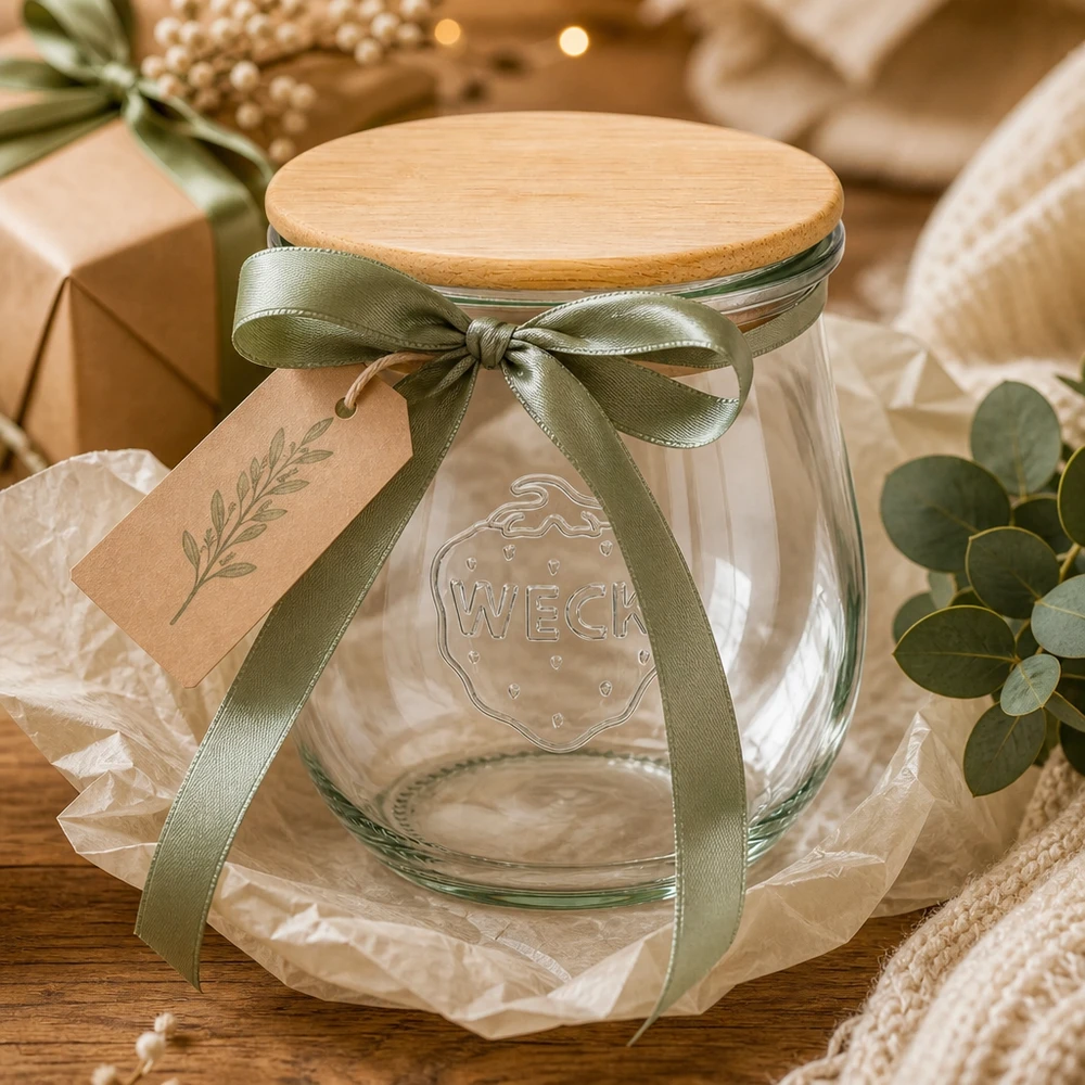 220ml tulipánová sklenice WECK RR60 s dřevěným víčkem WECK Tulpenglas 220ml RR60 als Geschenk mit grüner Schleife und Anhänger - Einmachglas mit Holzdeckel dekorativ verpackt