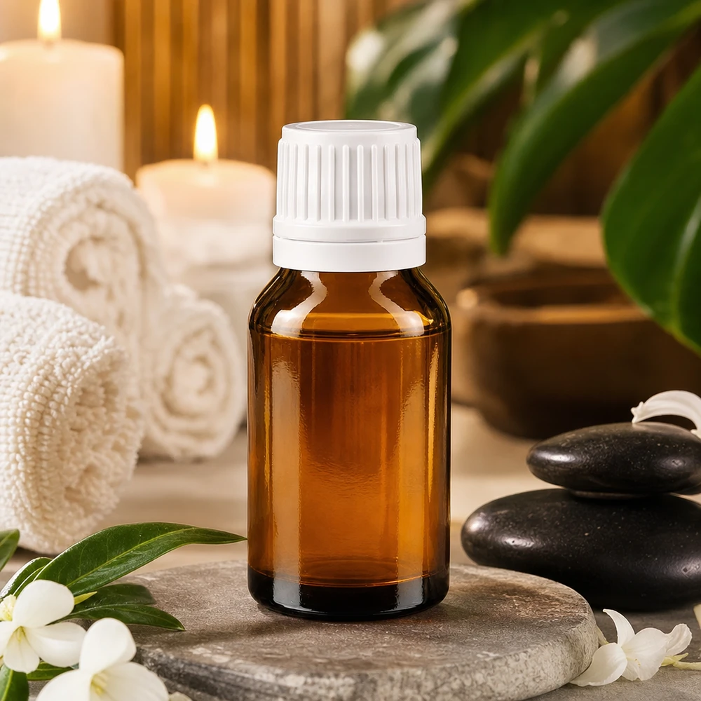 Lékárenská lahvička hnědá 30ml šroubovací uzávěr bílý bezpečnostní uzávěr. 30ml Aromatherapie-Flasche aus UV-schützendem Braunglas mit kindersicherem Weißverschluss