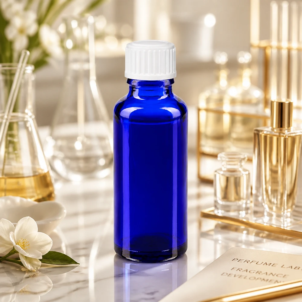Lékárenská lahvička modrá 30ml šroubovací uzávěr bílá standardní UV-schützende blaue Glasflasche 30ml mit weißem Schraubverschluss auf Marmoroberfläche