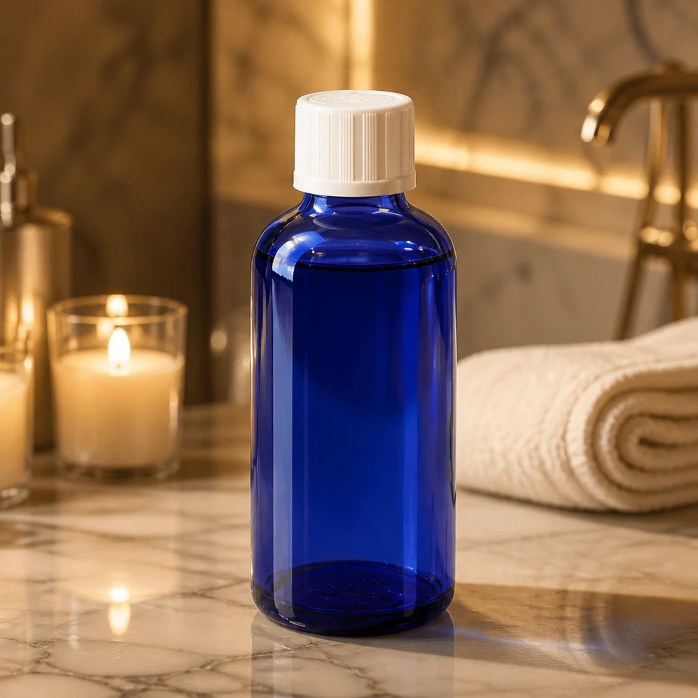 Blaue 50ml Glasflasche mit Kindersicherheitsverschluss für ätherische Öle im Spa-Badezimmer