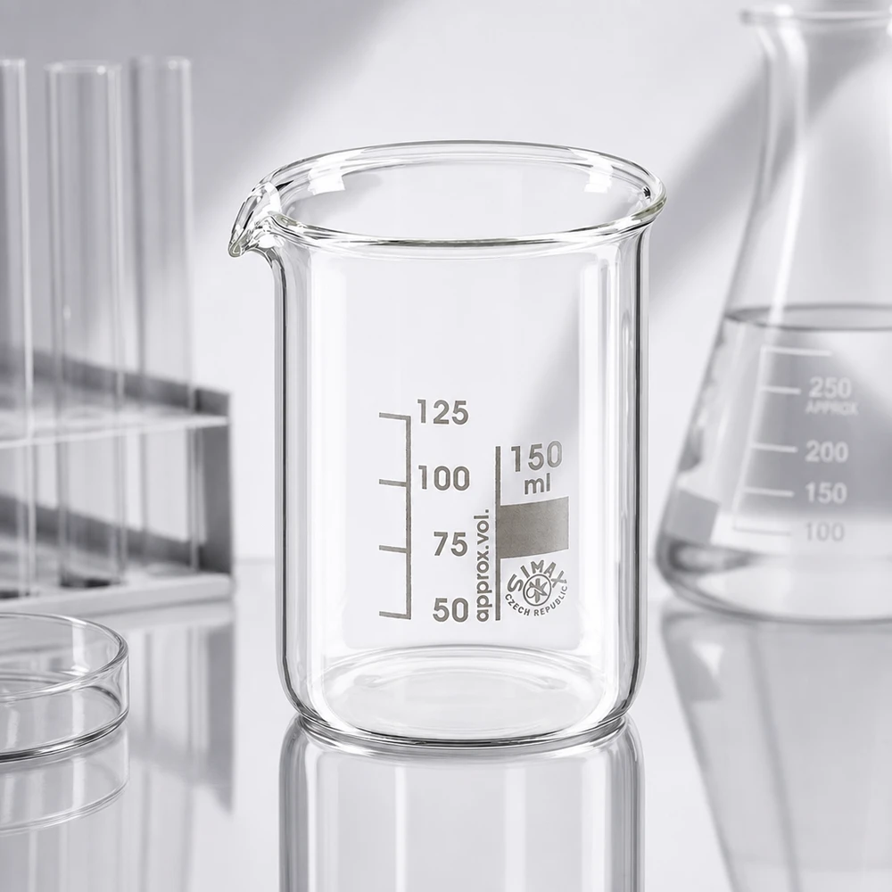 Kádinka 150ml z borosilikátového skla, nízký tvar Vielseitiges Laborbecherglas 150ml aus temperaturbeständigem Borosilikatglas für Forschung