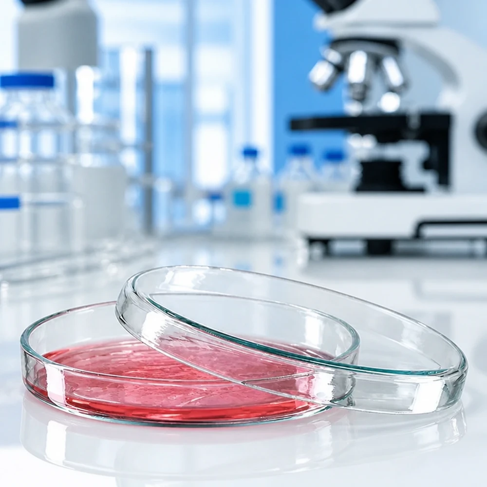 Petriho miska 90x15 mm skleněná Petrischale 90x15mm aus klarem Glas mit rotem Agar für mikrobiologische Laborversuche