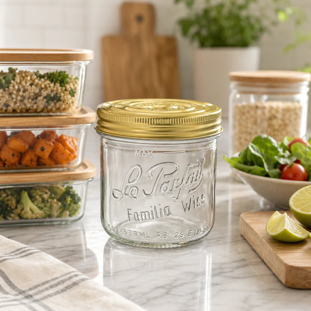 539ml Sturzglas "Familia Wiss" 2-teiliges Deckelsystem Le Pa 539ml Sturzglas Familia Wiss mit goldenem Deckel auf Küchentheke neben Vorratsdosen und frischen Lebensmitteln