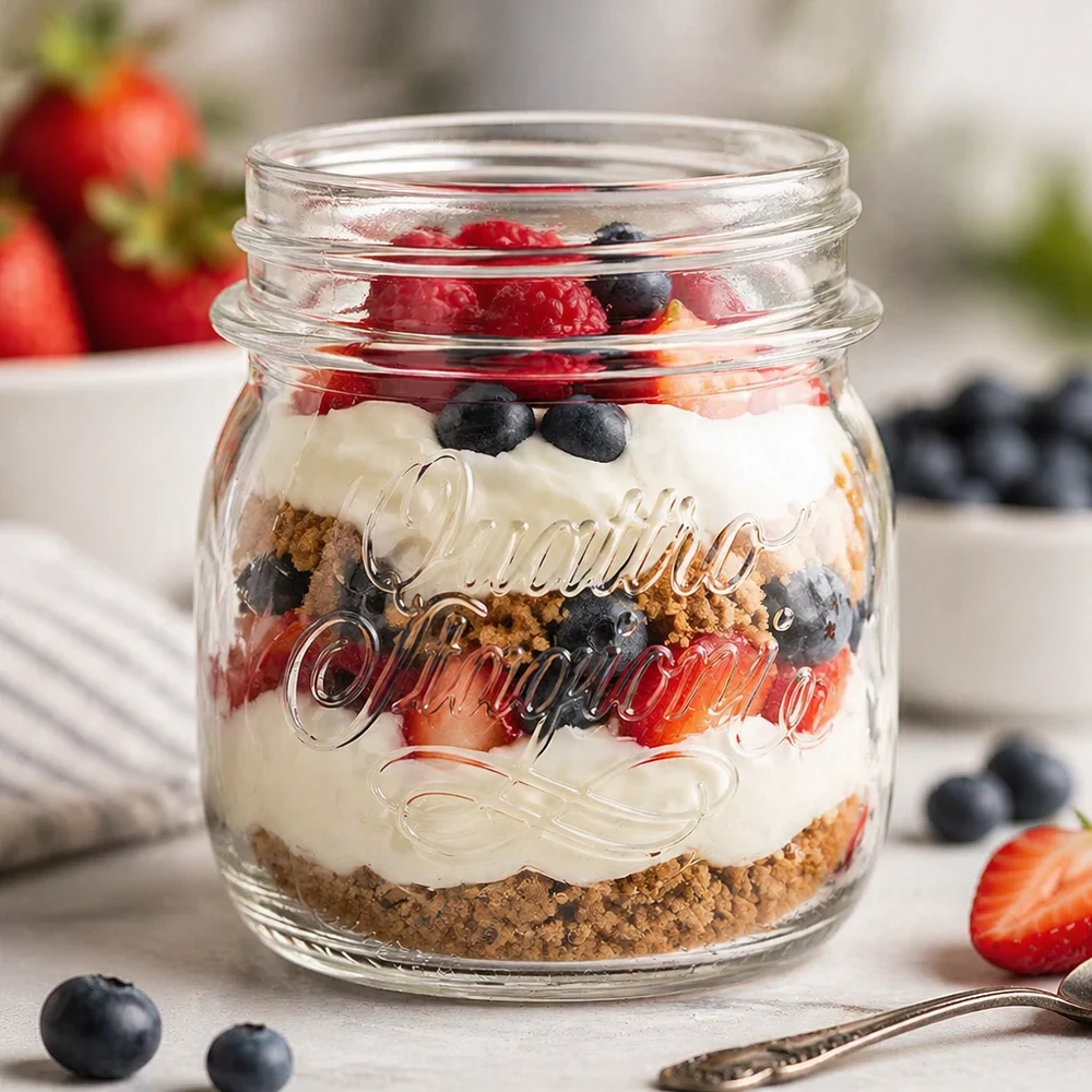 250ml kulatá zavařovací sklenice "Quattro Stagioni" QS70mm Quattro Stagioni 250ml Glas mit Schichtdessert aus Keksboden Creme und Beeren als Haushaltsglas für Aufbewahrung