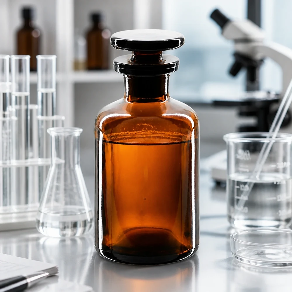 Láhev s kulatým ramenem 50ml hnědá skleněná zátka s úzkým hrdlem Kompakte Rundschulterflasche 50ml braun Enghals Glasstopfen für pharmazeutische Nutzung