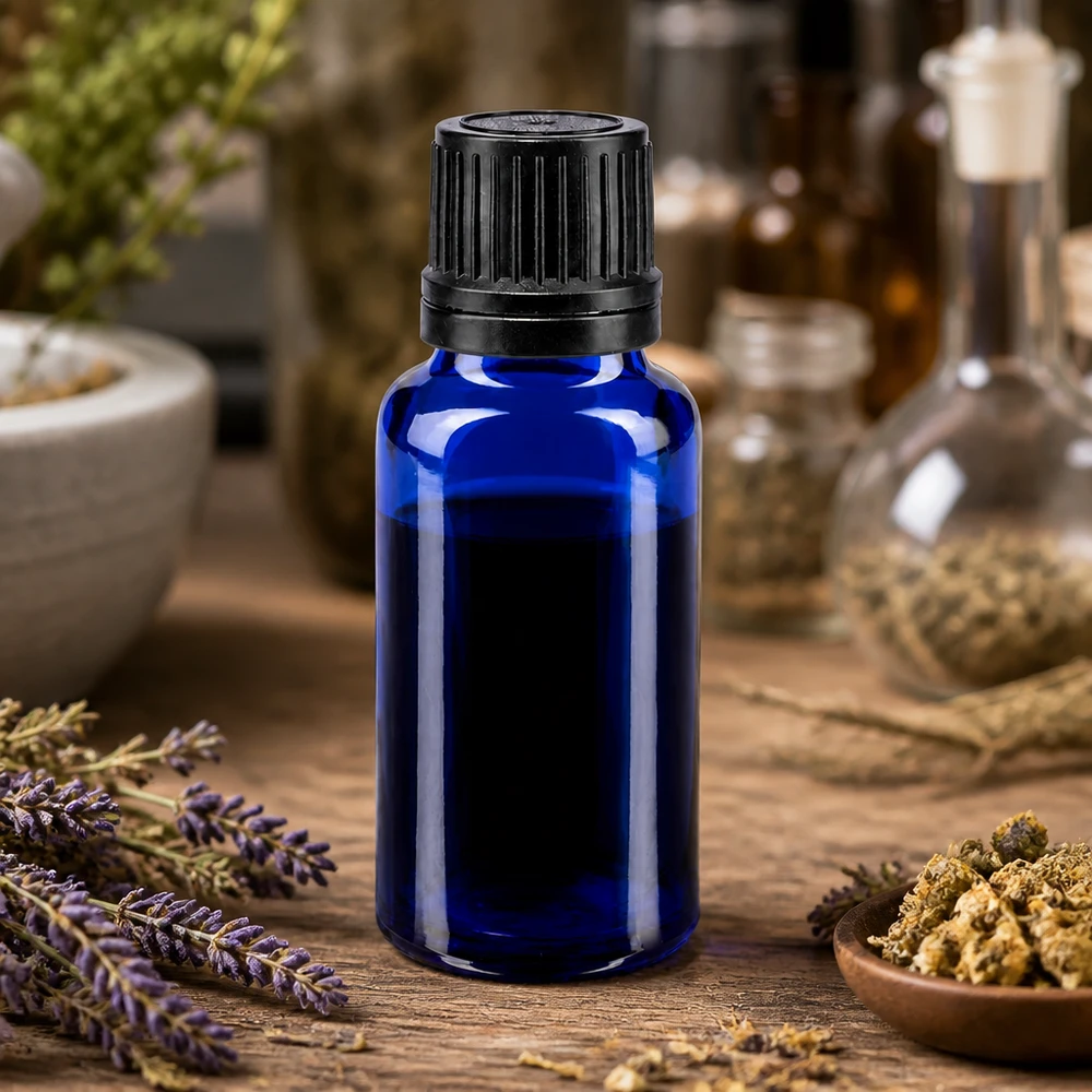 Lékárenská lahvička modrá 20ml kapací uzávěr nalévací kroužek 1mm černý tamper-evidentní uzávěr. Apothekerglasflasche 20ml kobaltblau mit schwarzem OV für Aromatherapie und Naturkosmetik